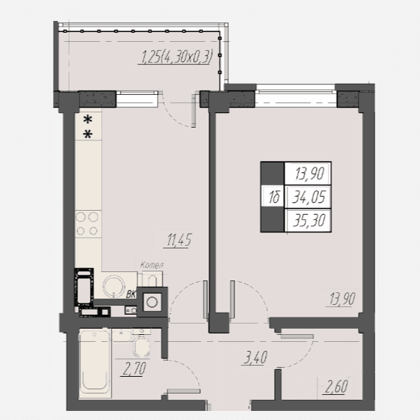 1 комнатная квартира, 35,3 кв.м.