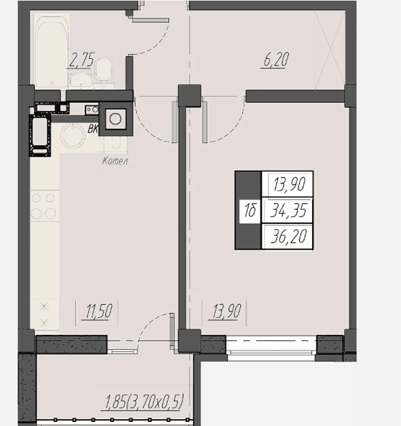 1 комнатная квартира, 36,2 кв.м.