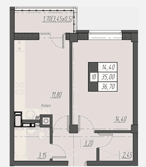 1 комнатная квартира, 36,7 кв.м.