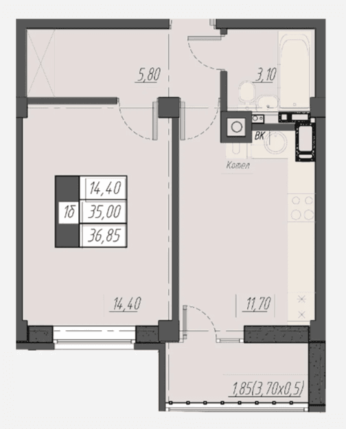 1 комнатная квартира, 36,85 кв.м.