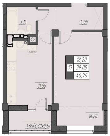 1 комнатная квартира, 40,7 кв.м.