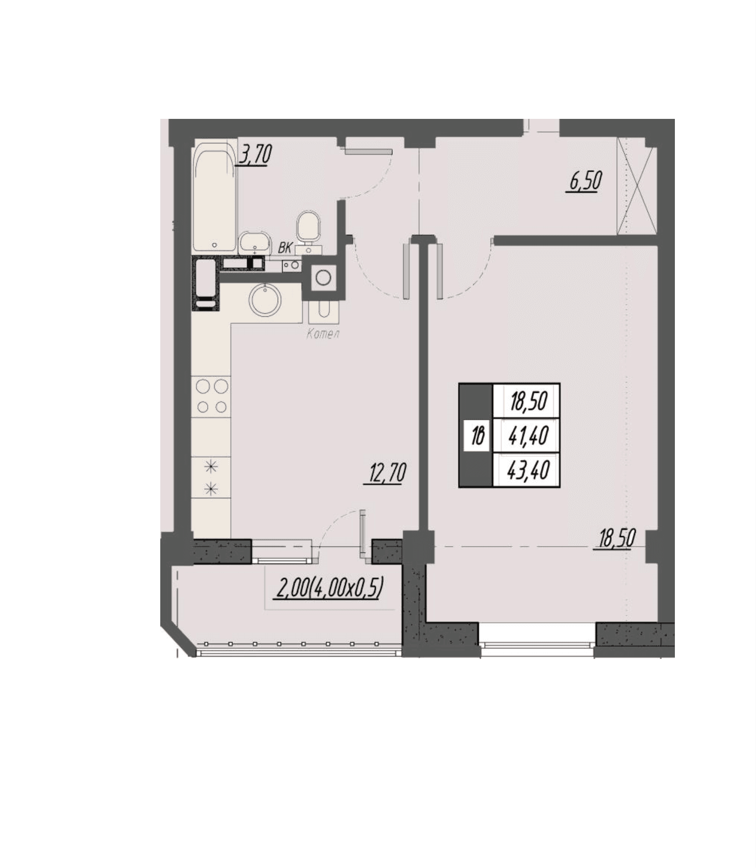 1 комнатная квартира, 43,4 кв.м.