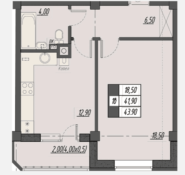 1 комнатная квартира, 43,9 кв.м.