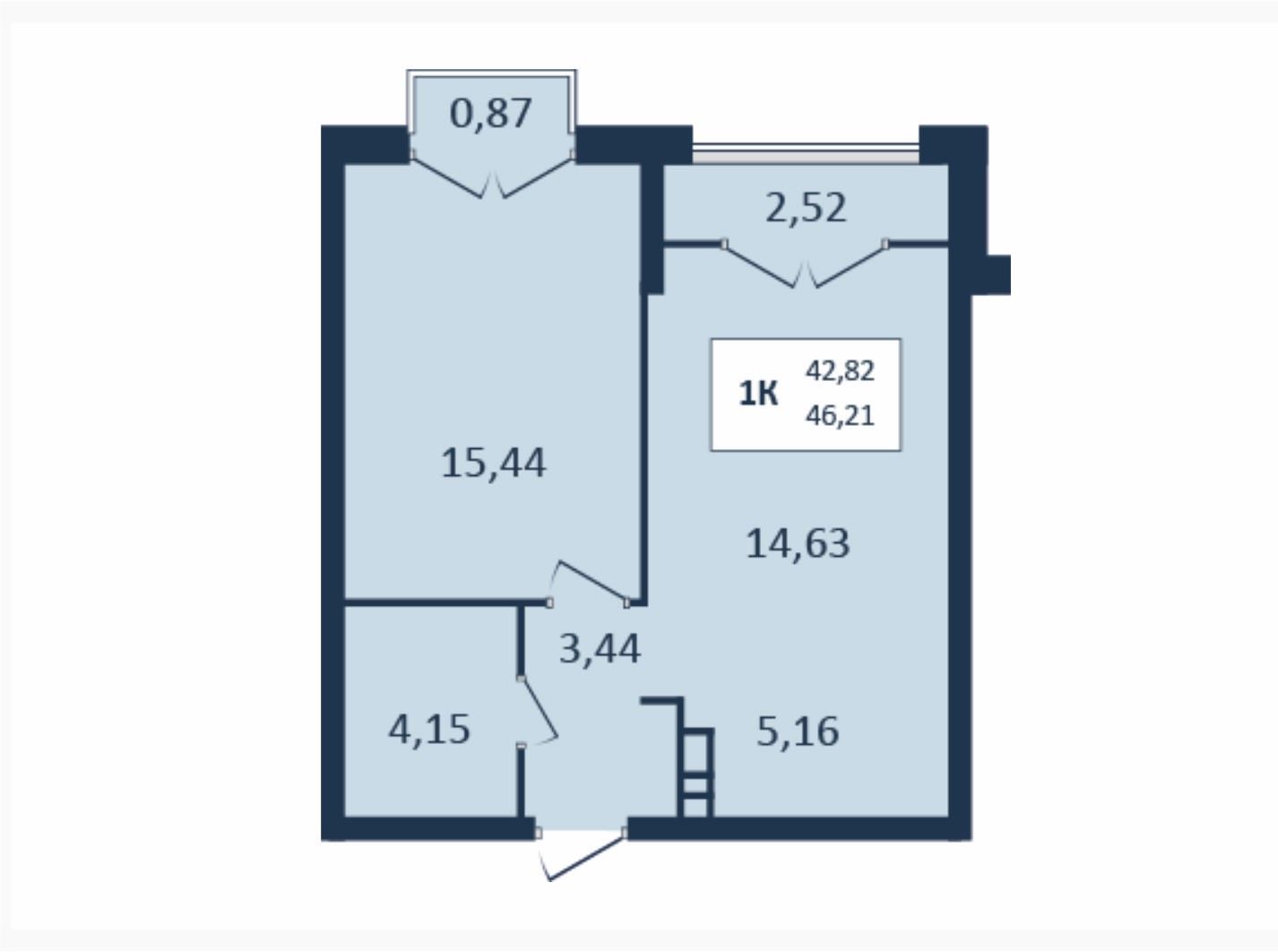 1 комнатная квартира, 46,21 кв.м.