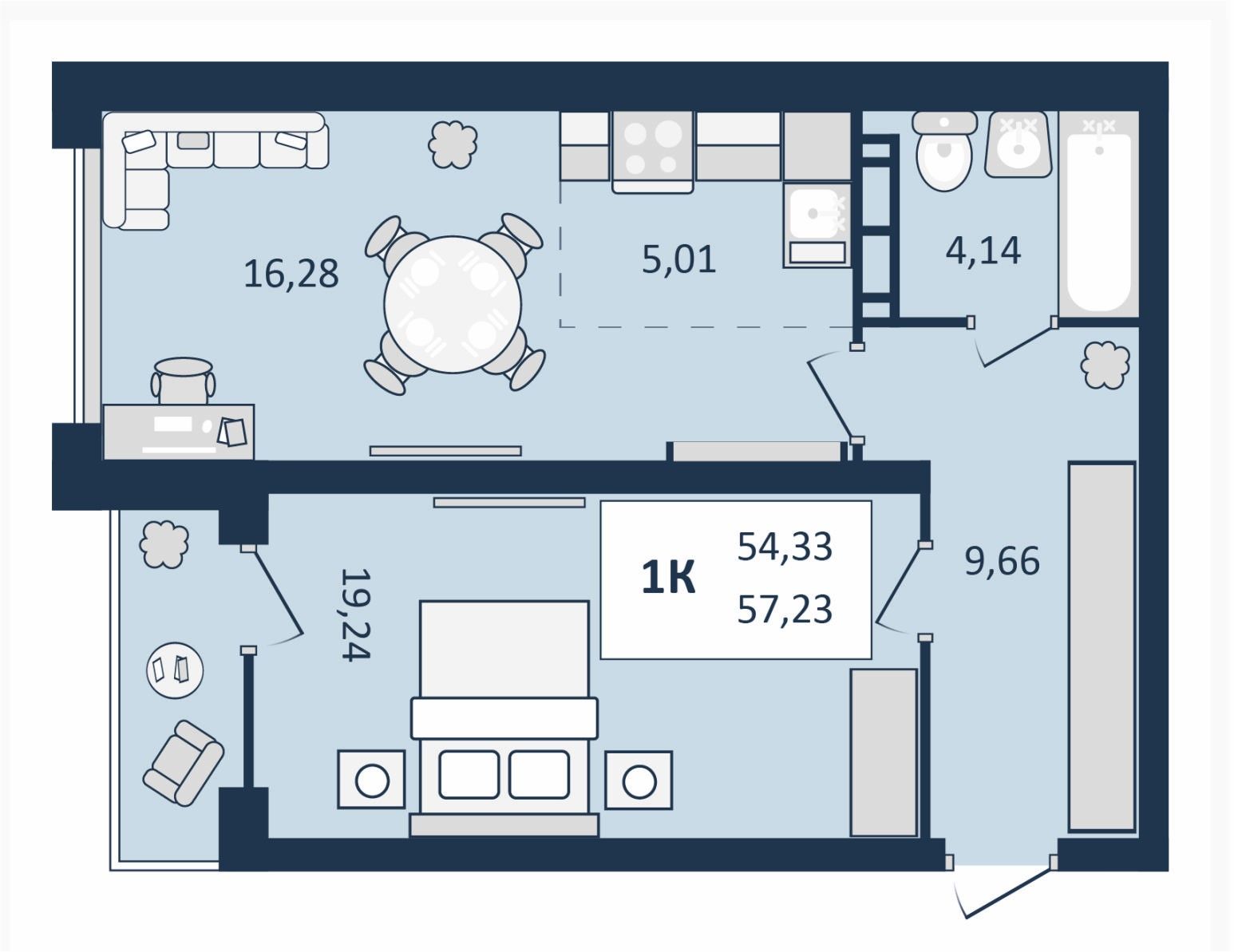 1 комнатная квартира, 57,23 кв.м.