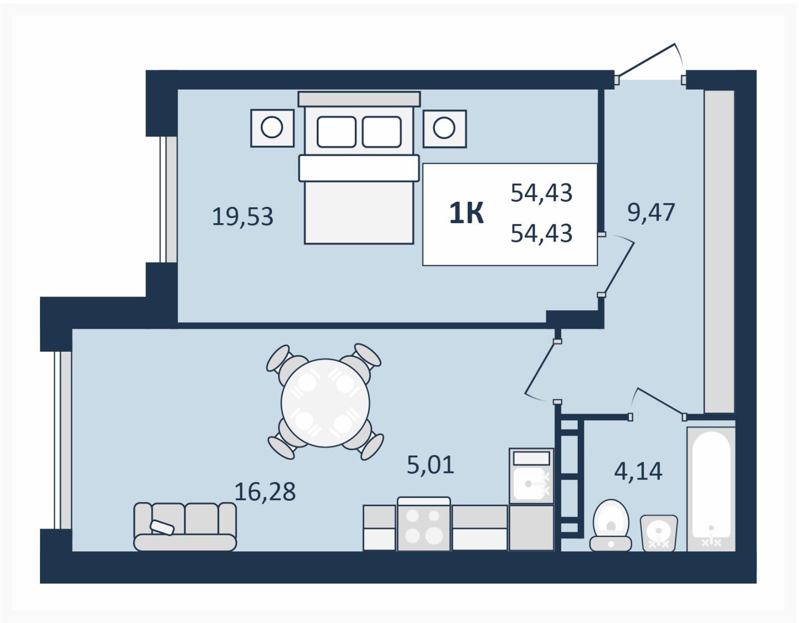 1 комнатная квартира, 54,43 кв.м.