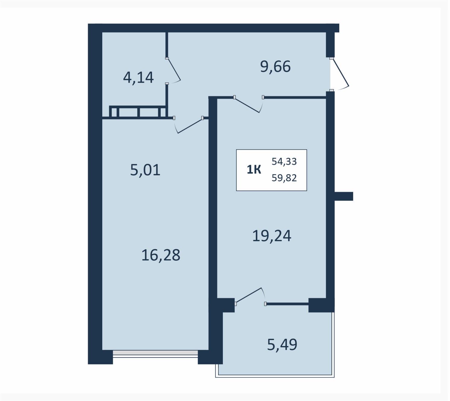 1 комнатная квартира, 59,82 кв.м.