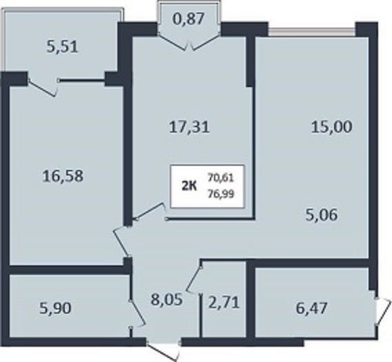 1 комнатная квартира, 76,99 кв.м.