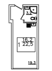 1 комнатная квартира, 22,5 кв.м.