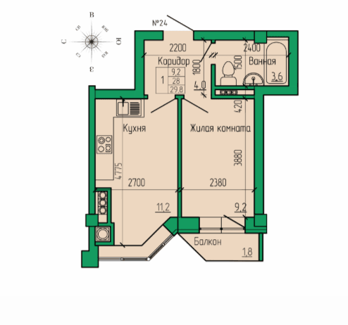 1 комнатная квартира, 29,8 кв.м.