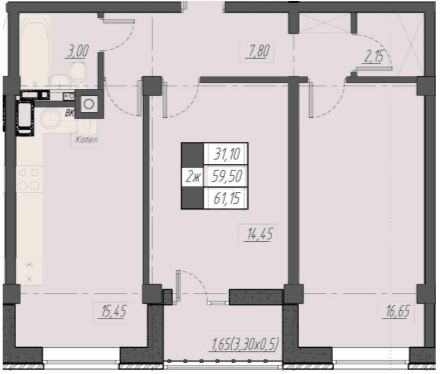 2 комнатная квартира, 61,15 кв.м.