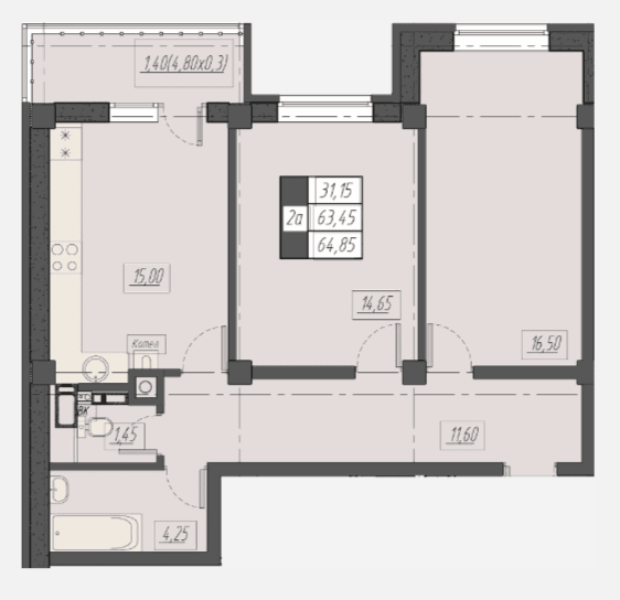 2 комнатная квартира, 64,85 кв.м.