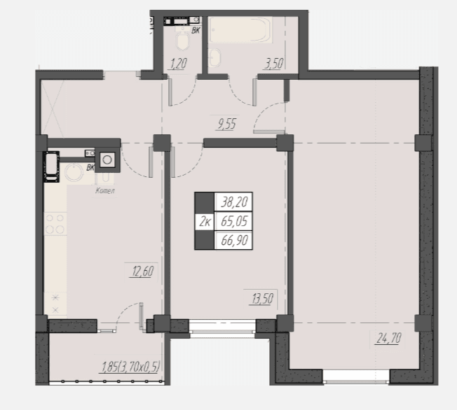 2 комнатная квартира, 66,9 кв.м.