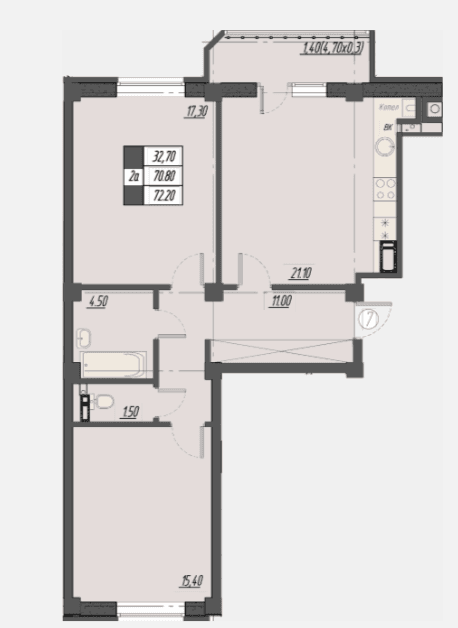 2 комнатная квартира, 72,2 кв.м.