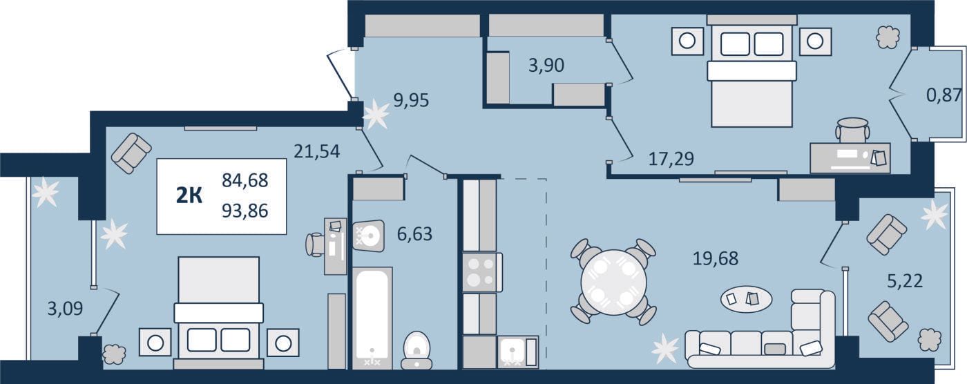 2 комнатная квартира, 93,86 кв.м.