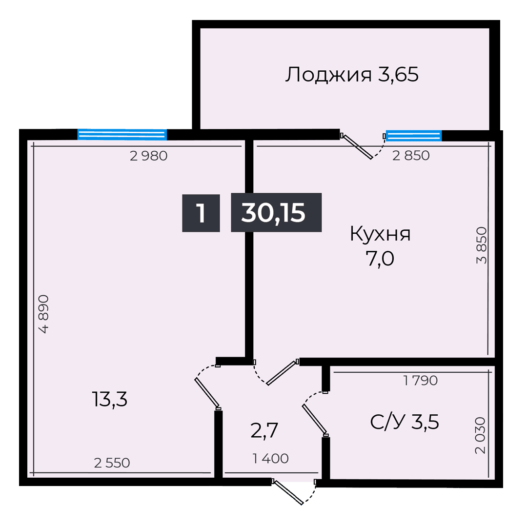1 комнатная квартира 30,15 кв.м