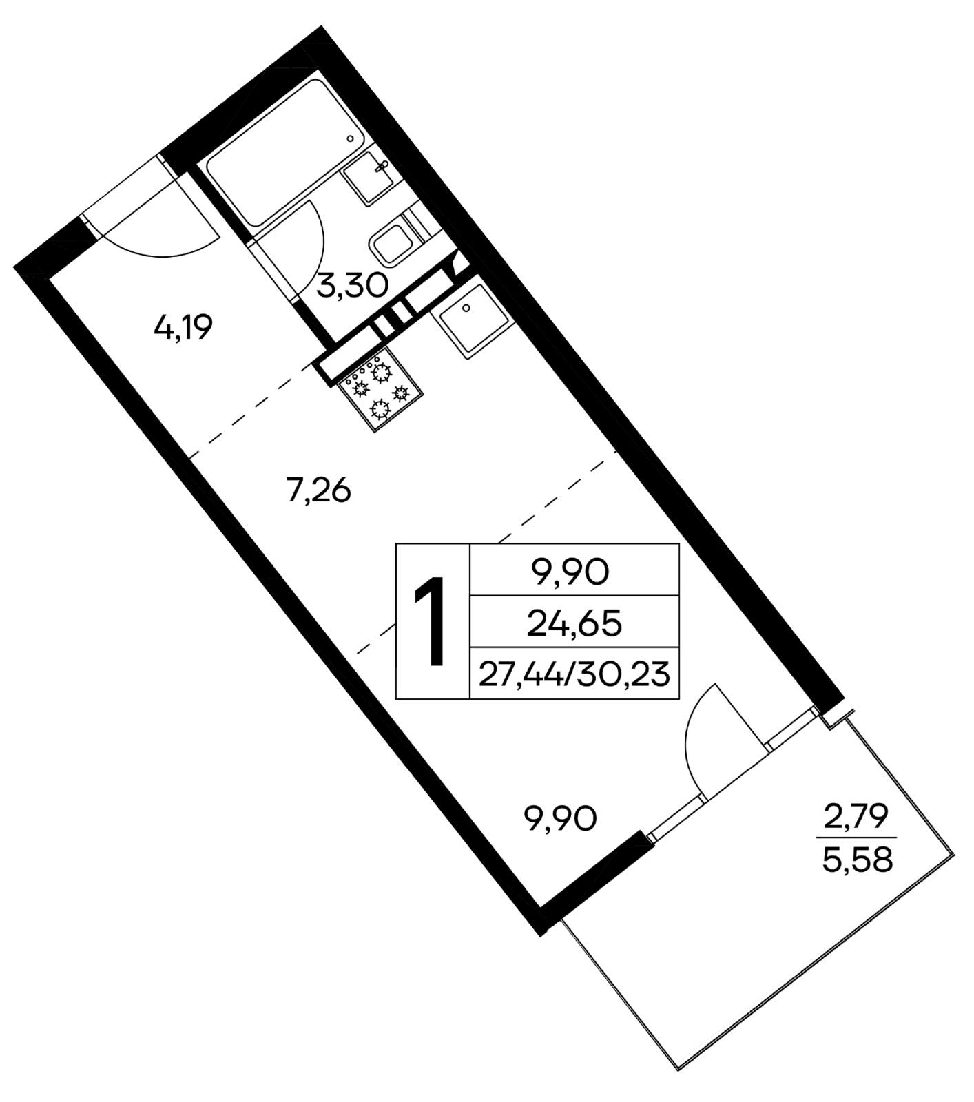 1 комнатная квартира,30,23 кв.м