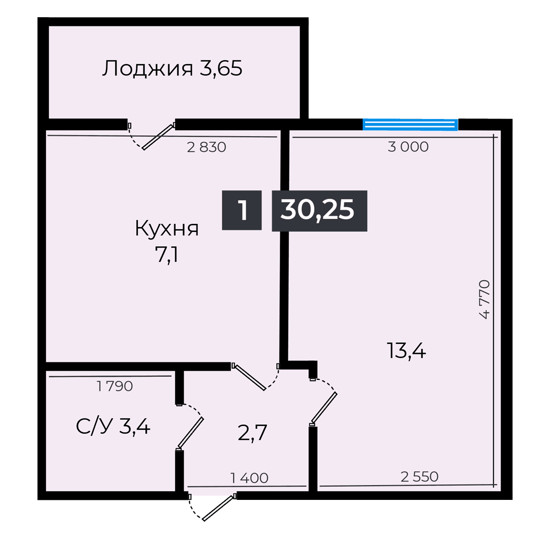 1 комнатная квартира 30,25 кв.м