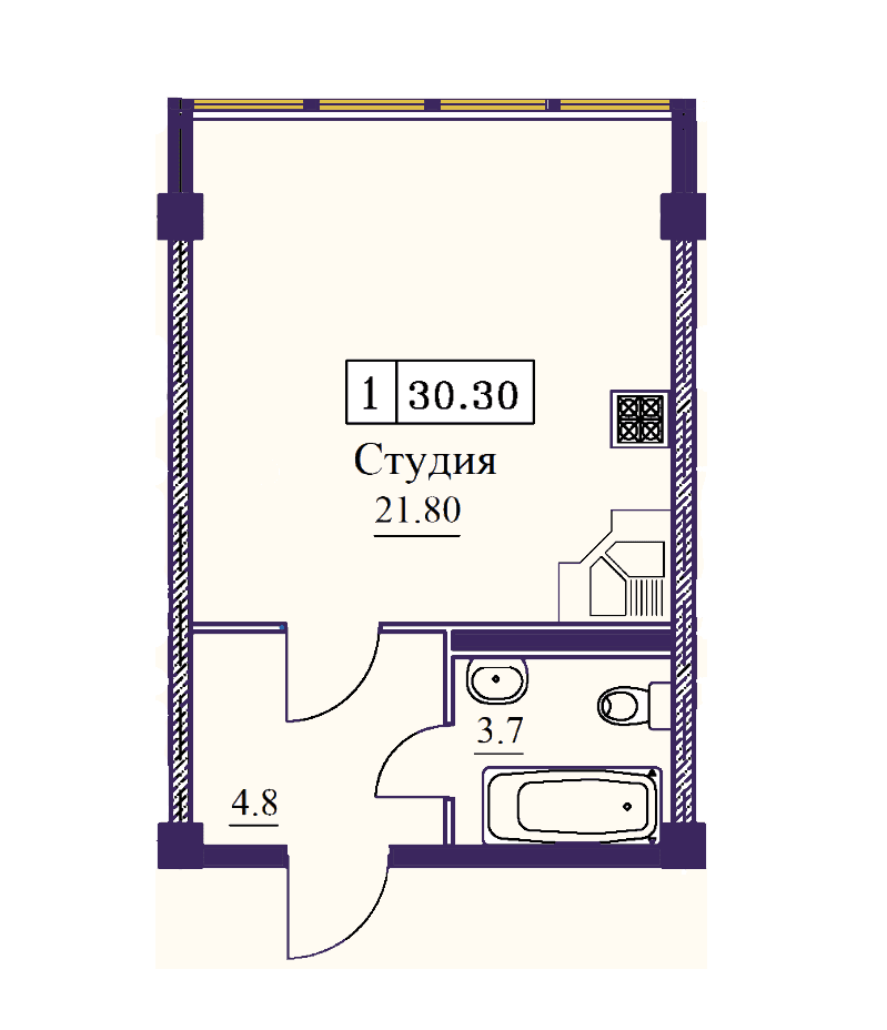1 комнатная квартира 30,3 кв.м