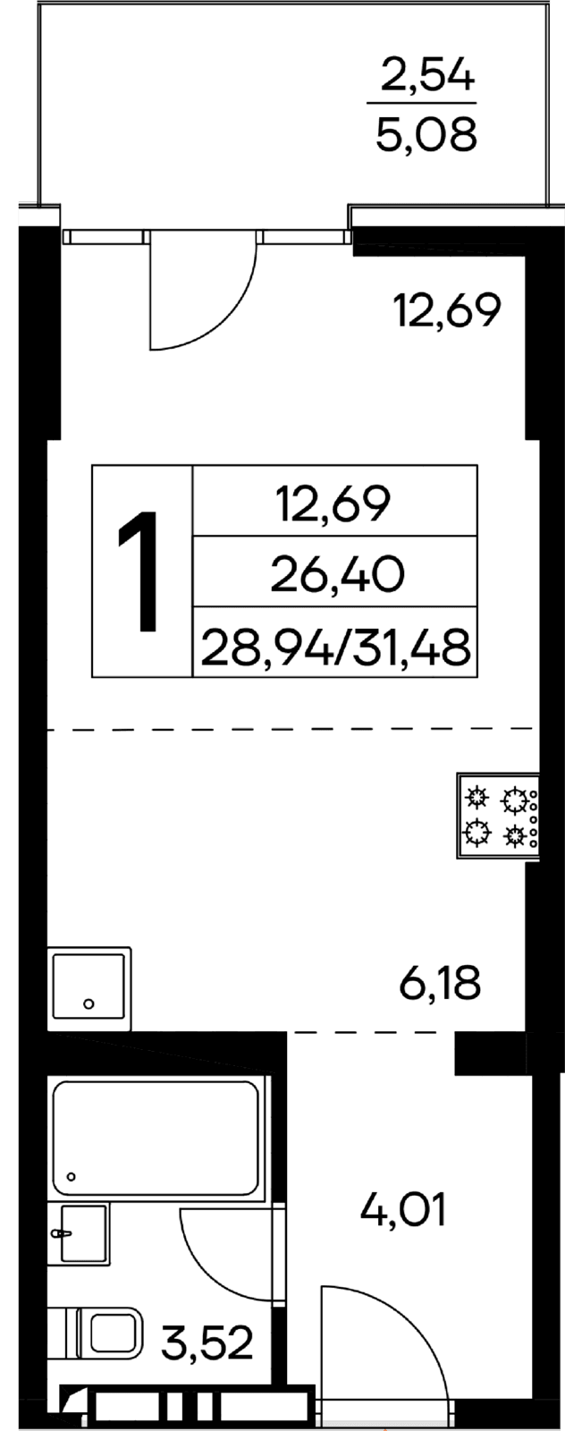 1 комнатная квартира, 31,48 кв.м