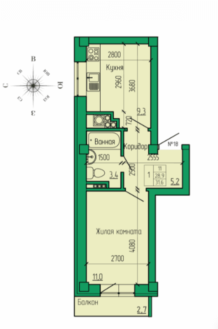 1 комнатная квартира, 31,6 кв.м.