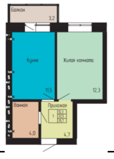 1 комнатная квартира, 32,5 кв.м.
