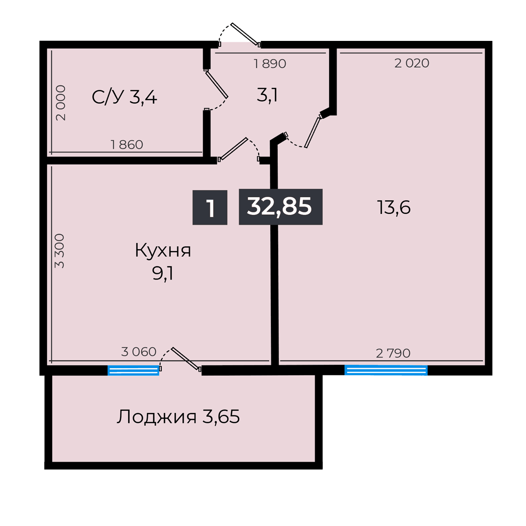 1 комнатная квартира 32,85 кв.м