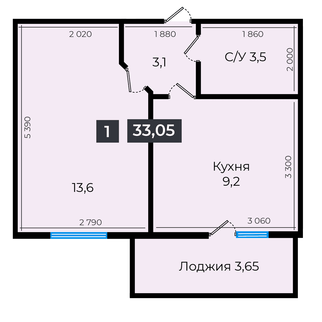 1 комнатная квартира 33,05 кв.м