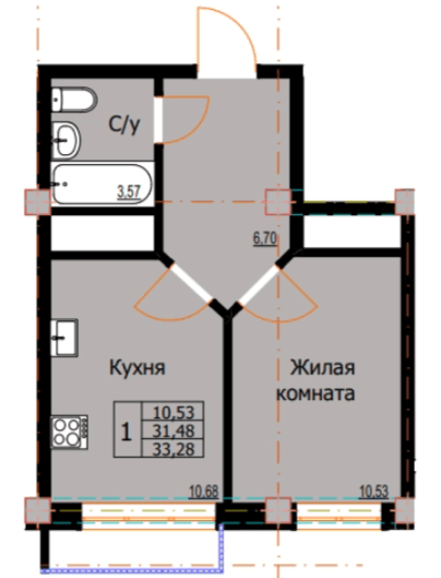 1 комнатная квартира, 33,28 кв.м.