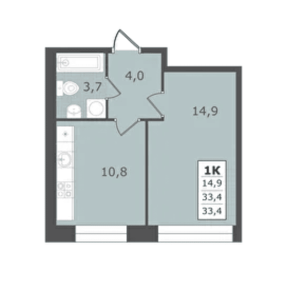 1 комнатная квартира, 33,4 кв.м.
