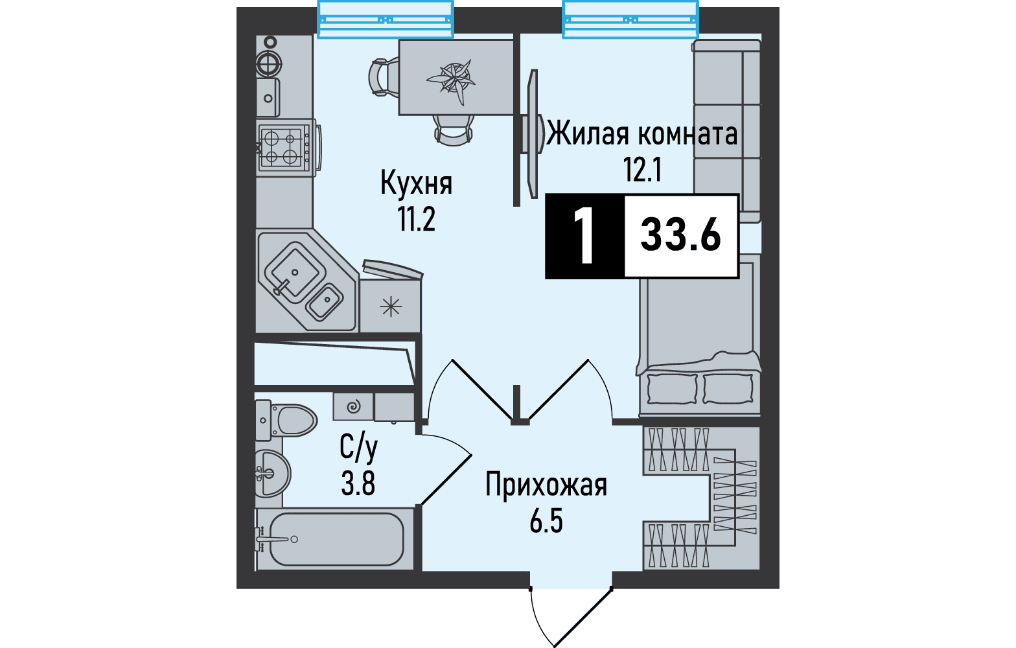 1 комнатная квартира, 33,6 кв.м.