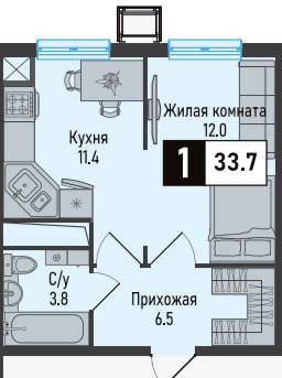 1 комнатная квартира, 33,7 кв.м.
