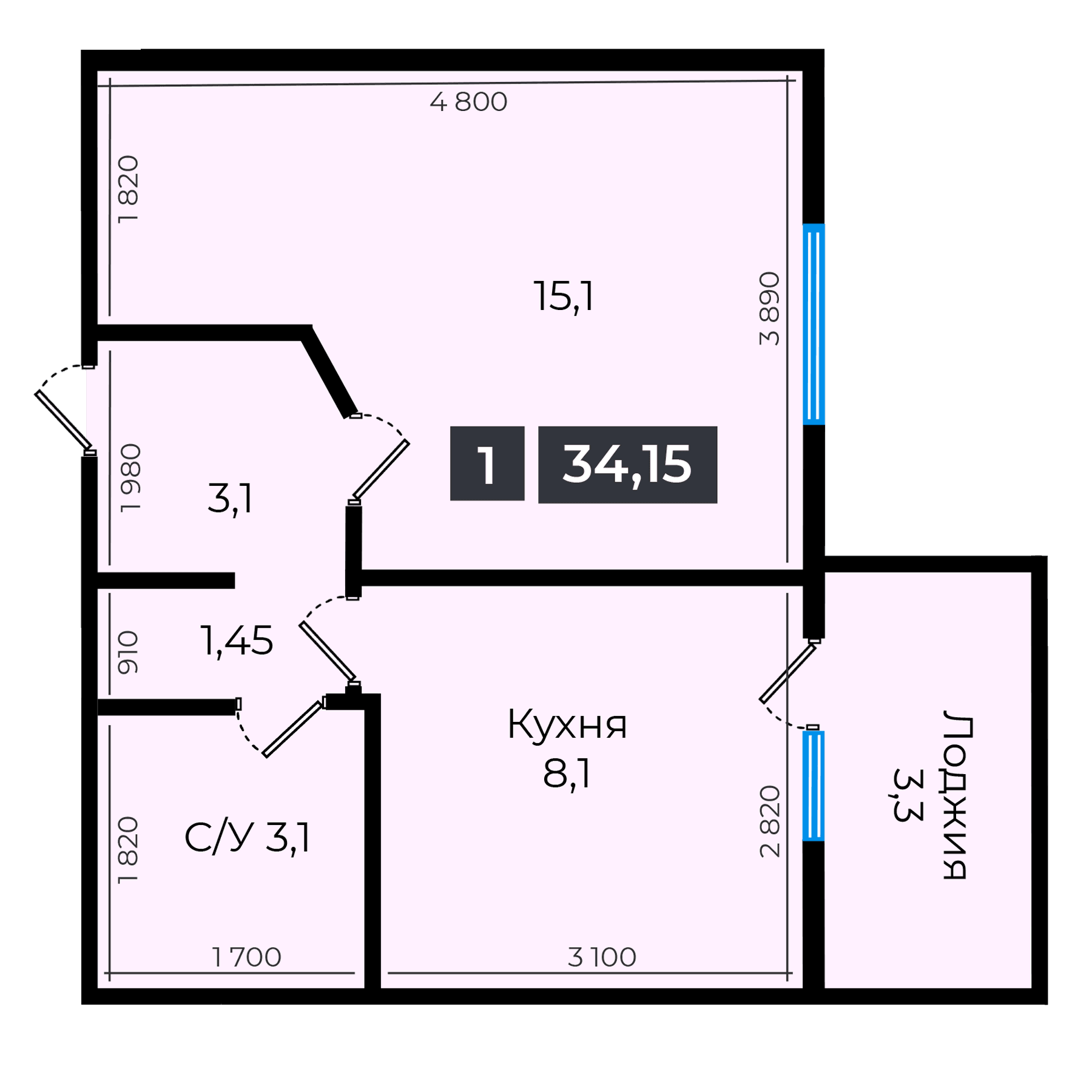 1 комнатная квартира 34,15 кв.м