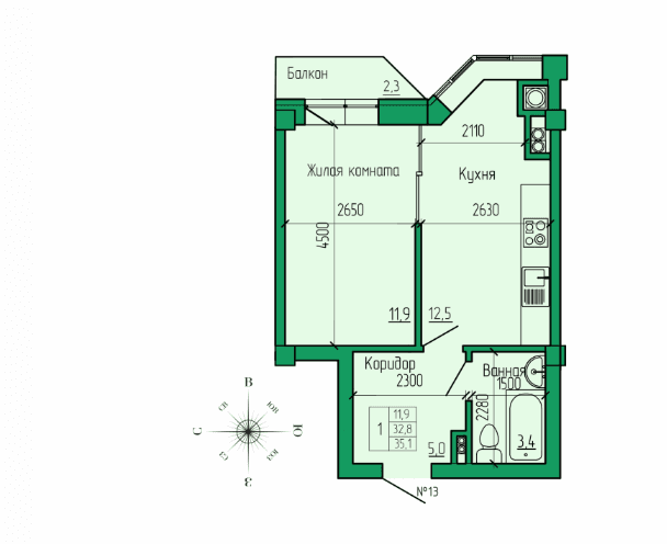 1 комнатная квартира, 35,1 кв.м.
