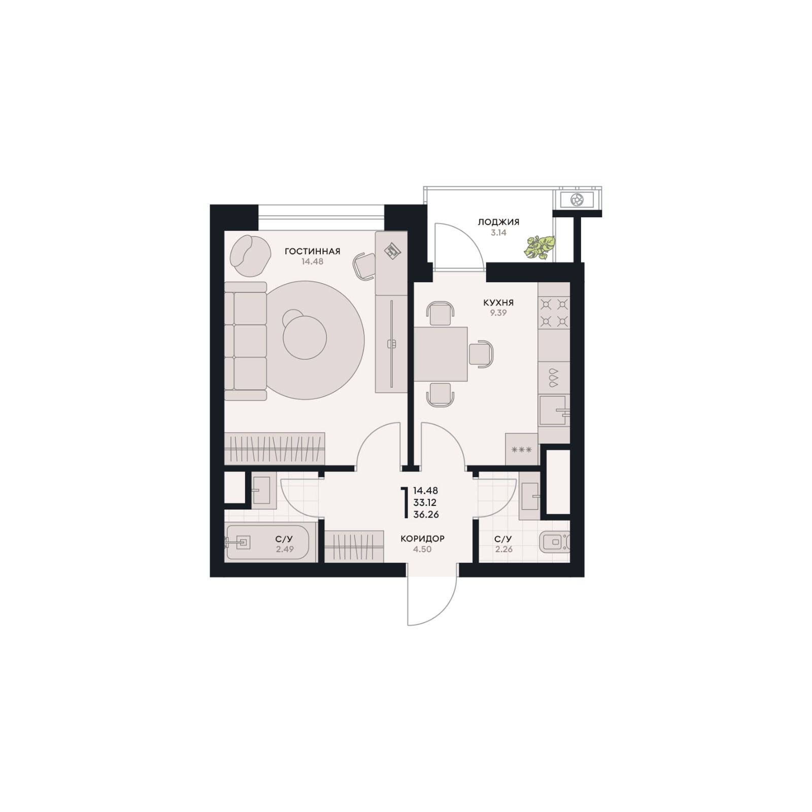 1 комнатная квартира, 36,26 кв.м.