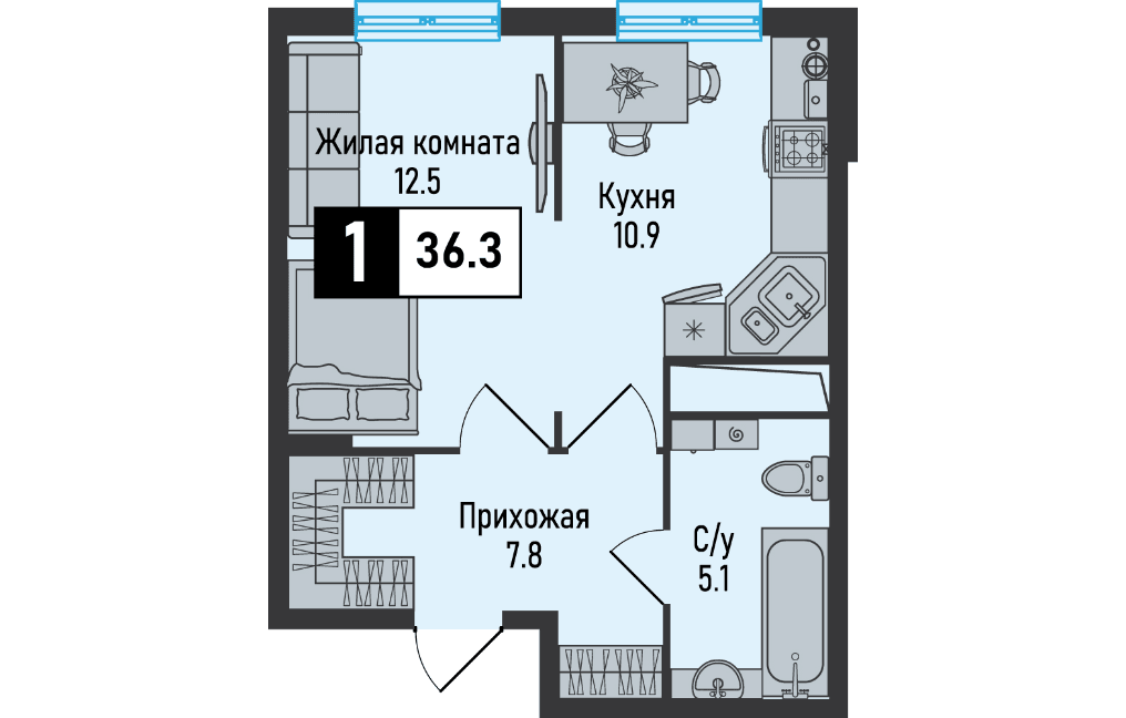 1 комнатная квартира, 36,3 кв.м.