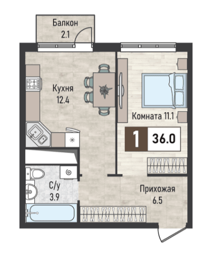 1 к. квартира, 36 кв.м.