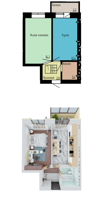 1 комнатная квартира, 36.9 кв.м