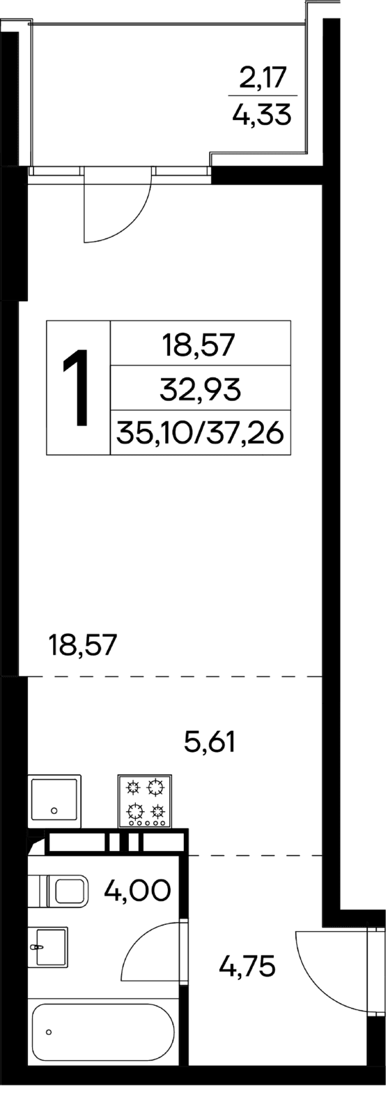 1 комнатная квартира, 37,26 кв.м