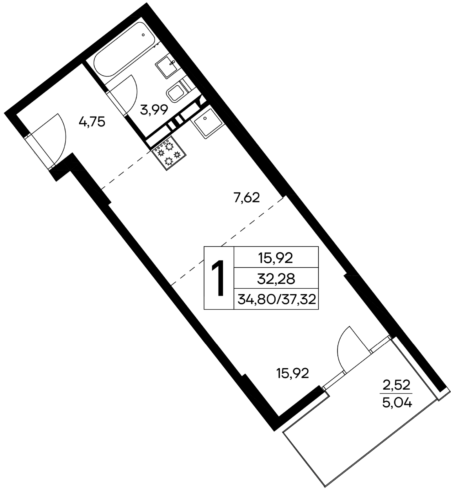 1 комнатная квартира, 37,32кв.м