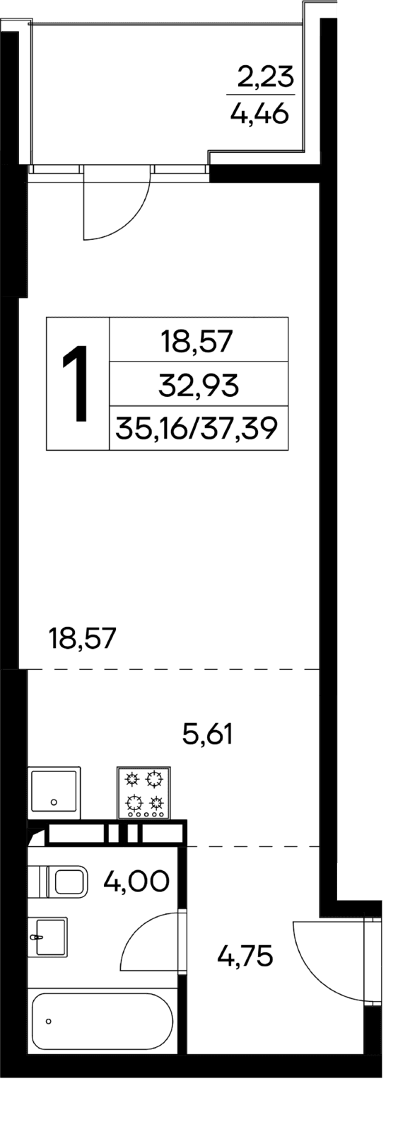 1 комнатная квартира, 37,39 кв.м