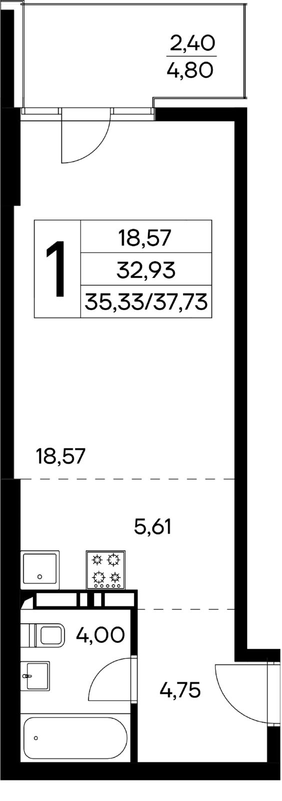 1 комнатная квартира, 37,73 кв.м