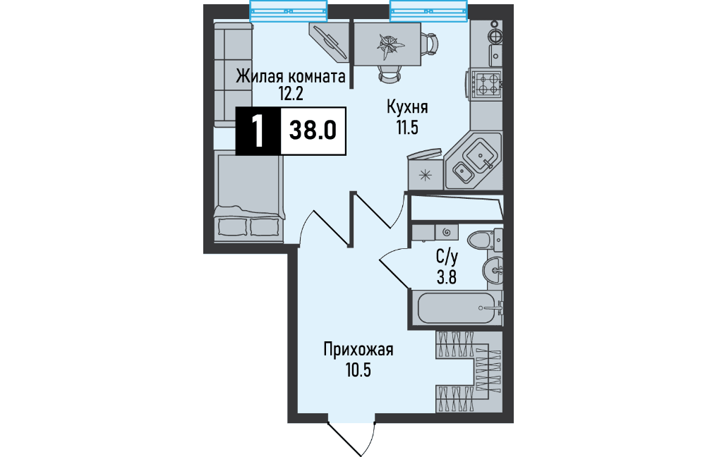 1 комнатная квартира, 38 кв.м.