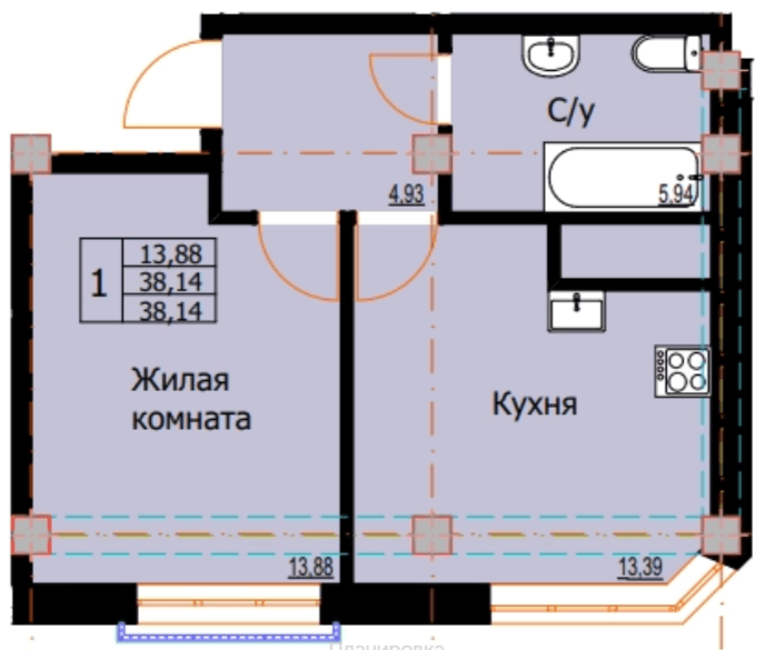 1 комнатная квартира, 38,14 кв.м.