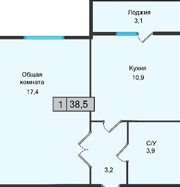 1 комнатная квартира, 38,5 кв.м.