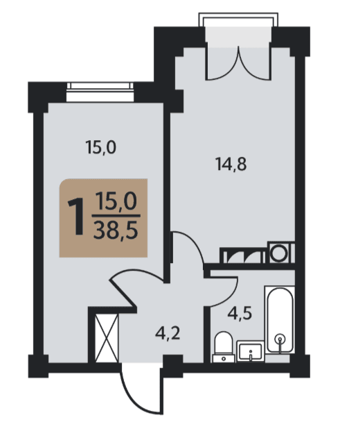 1 комнатная квартира, 38,5 кв.м.