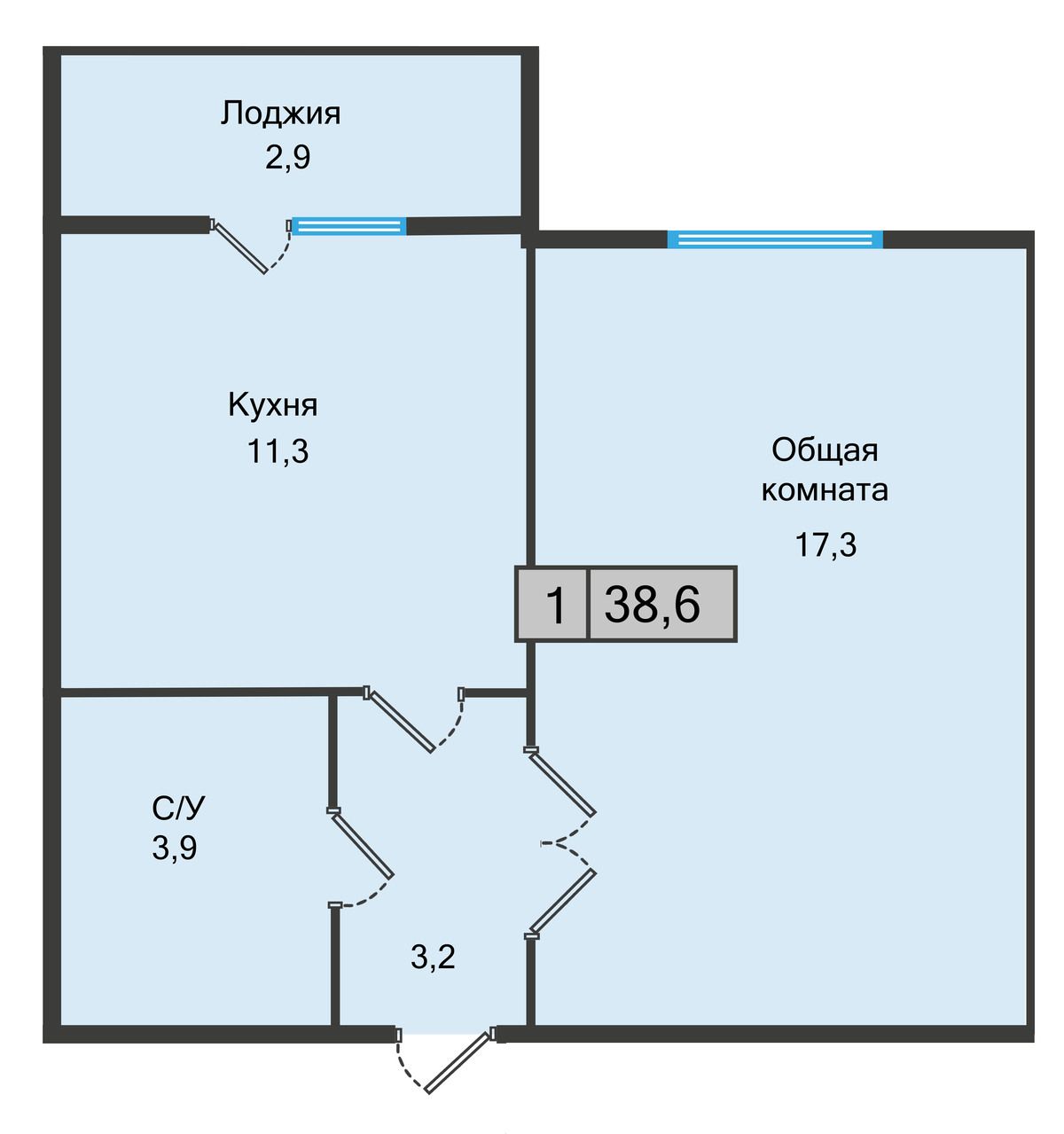 1 комнатная квартира, 38,6 кв.м.