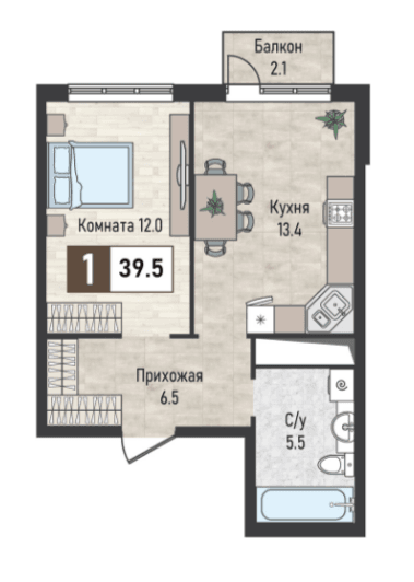 1 комнатная квартира, 39,5 кв.м.