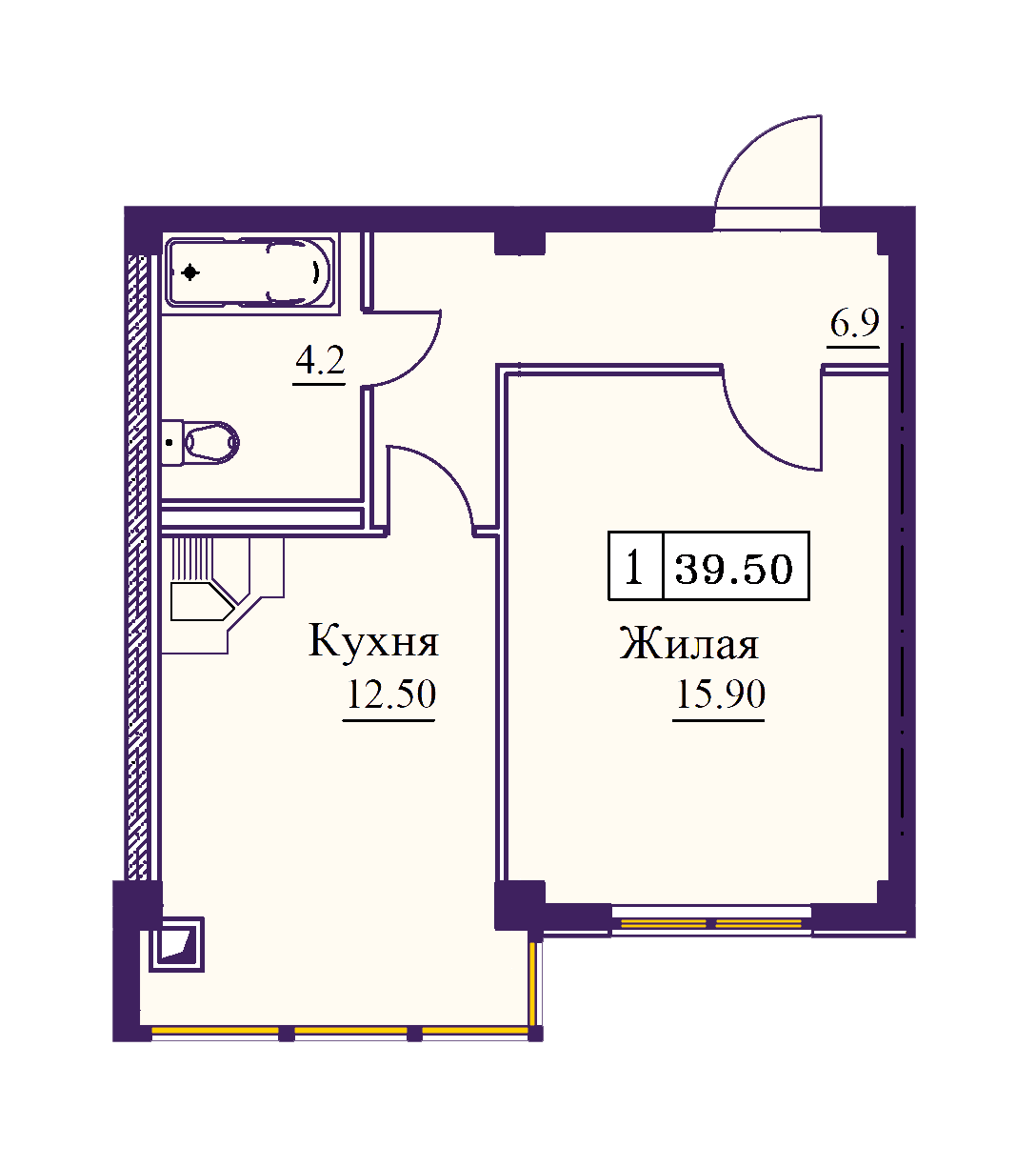 1 комнатная квартира 39,5 кв.м