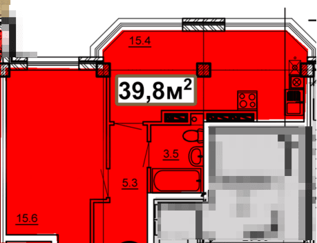 1 комнатная квартира, 39,8 кв.м.